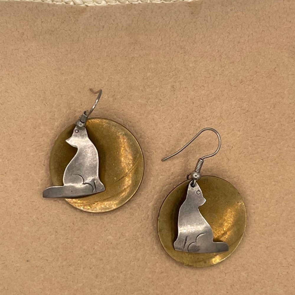 Sterling Silver Howling Coyote Brass Full Moon Dangle Earrings 8 Grams